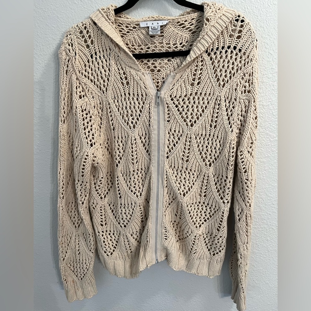 Cabi Women's Cream Open-Knit Zip Hoodie Sweater